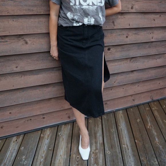 CIDER Black Denim Side Split Midi Skirt - Picture 2 of 6